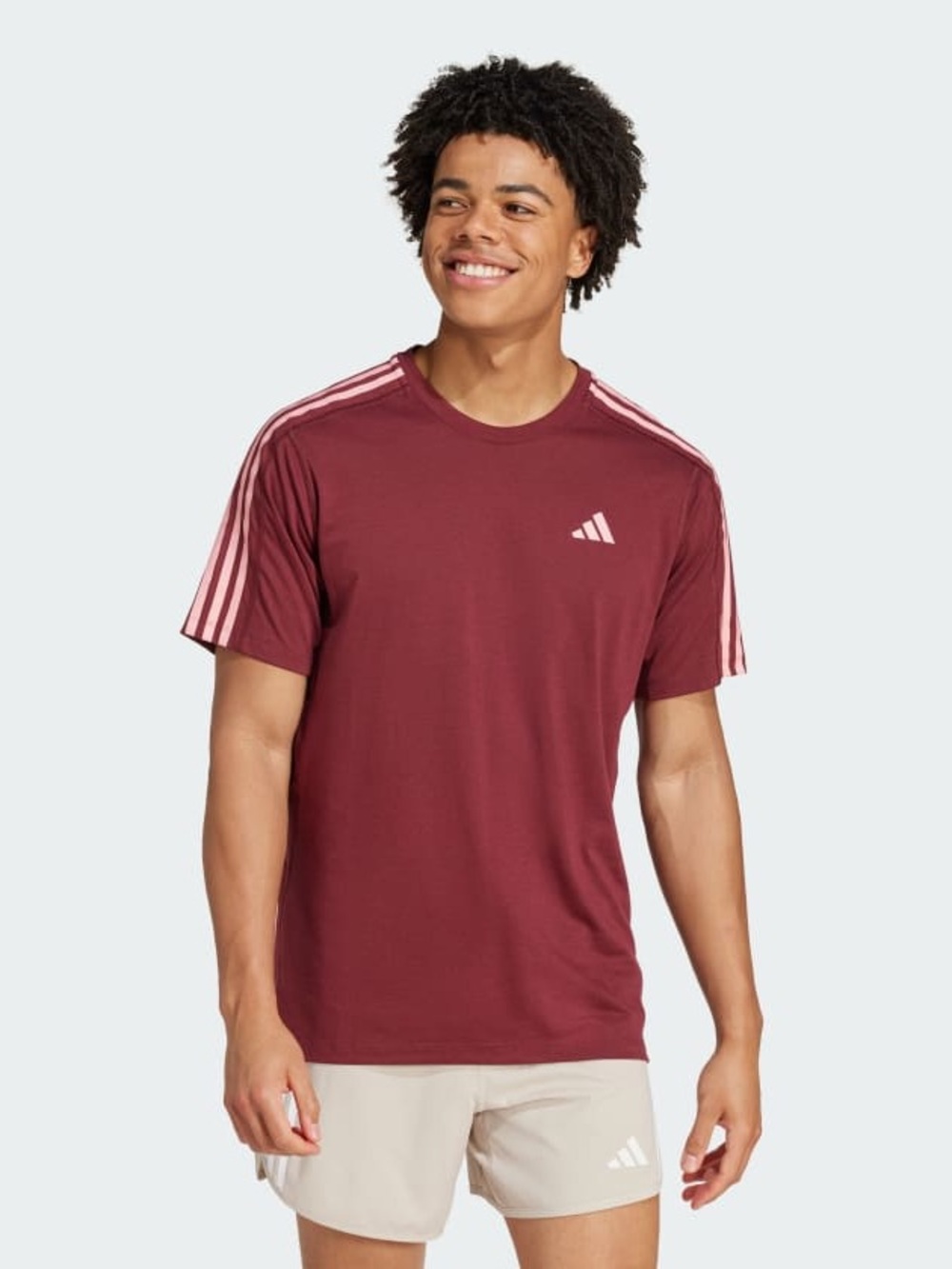 adidas Maroon Short Sleeve Tee with Light Pink Shoulder Stripes